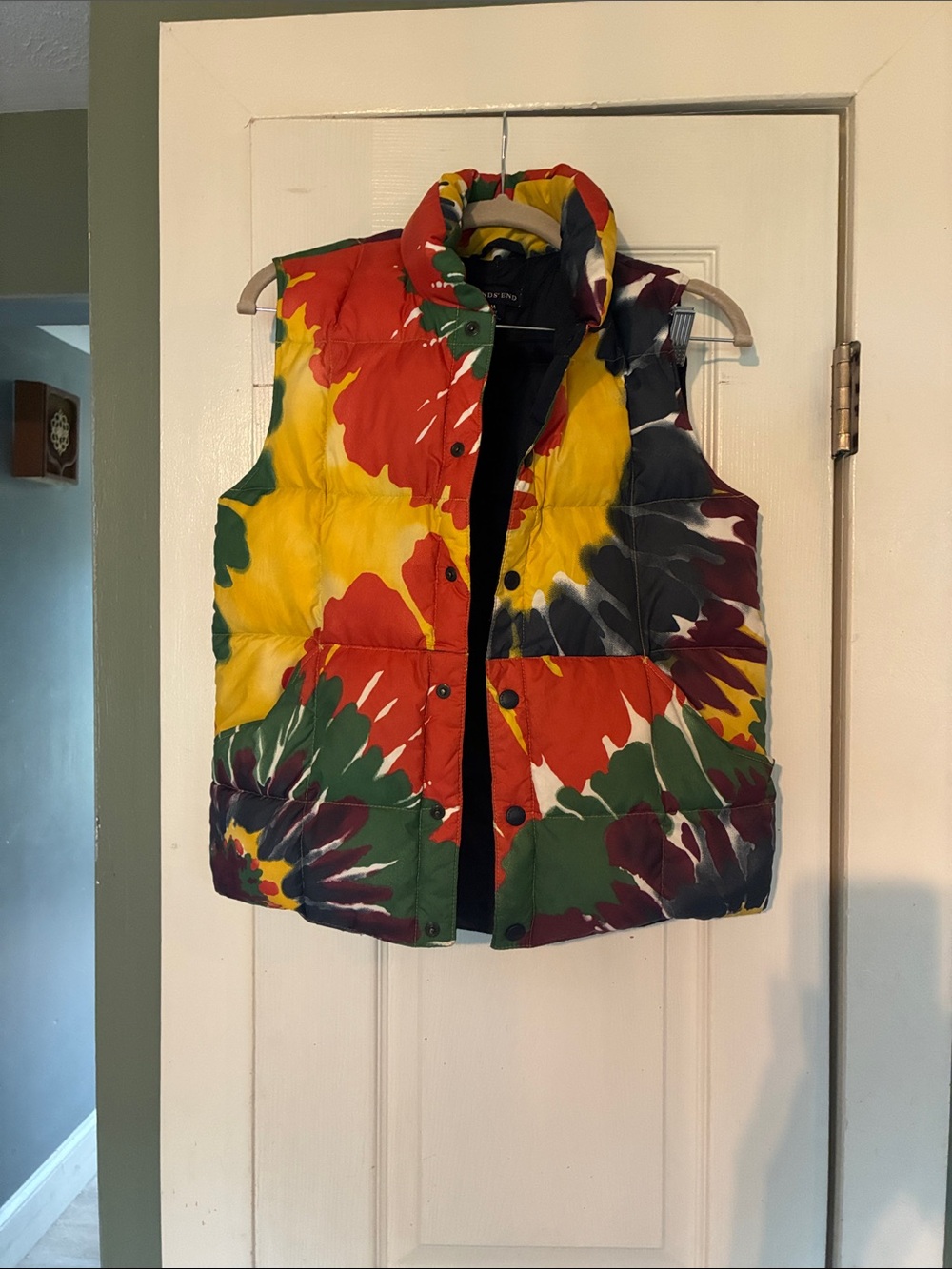 Lands' End Tye Dye Puffer Vest with Bright Yellow & Red & Green & Navy